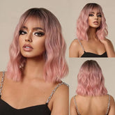 Ombre Pink Blunt Cut Water Wave Bob Wig with Bangs